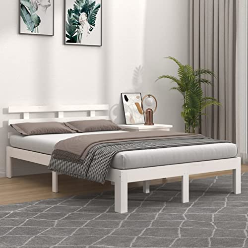 ShCuShan Weißer Bettrahmen aus Massivholz, 135 x 190 cm, Doppelbett, elegantes Kopfteil aus Metall, rustikaler und moderner Stil von ShCuShan
