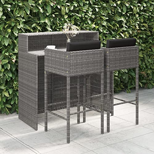 ShGaxin 3-TLG. Gartenbar-Set mit Kissen, Tisch Mit Stühlen Set, Gartenmöbel Sitzgruppe, Outdoor Möbel, Sitzgruppe Garten, Poly Rattan Grau von ShGaxin