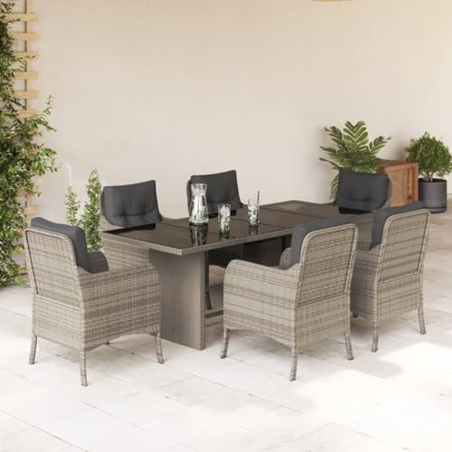 ShGaxin 7-TLG. Garten-Essgruppe mit Kissen Hellgrau Poly Rattan, Esstisch Mit Stühlen Set, Gartenmöbel Sitzgruppe, Balkon Möbel, Gartenlounge Set, Terrassenmöbel, Balkonmöbel Set - 3211890 von ShGaxin