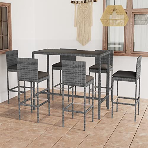 ShGaxin 7-TLG. Gartenbar-Set mit Kissen, Gartenmöbel Sitzgruppe, Tisch Mit Stühlen Set, Outdoor Möbel, Sitzgruppe Garten, Dining Table Set, Poly Rattan Grau von ShGaxin