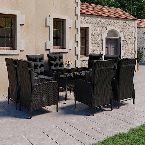 ShGaxin 9-TLG. Garten-Essgruppe Poly Rattan und Glas Schwarz, Esstisch Mit Stühlen Set, Gartenmöbel Sitzgruppe, Balkon Möbel, Gartenlounge Set, Terrassenmöbel, Balkonmöbel Set - 3058532 von ShGaxin