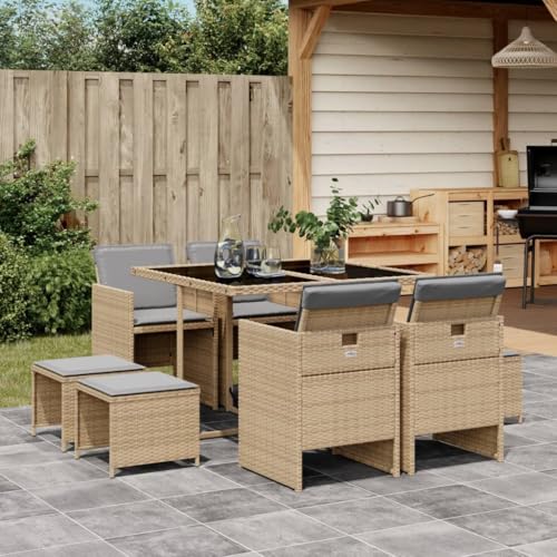 ShGaxin 9-TLG. Garten-Essgruppe mit Kissen Beigemischung Poly Rattan, Esstisch Mit Stühlen Set, Gartenmöbel Sitzgruppe, Balkon Möbel, Gartenlounge Set, Terrassenmöbel, Balkonmöbel Set - 3277727 von ShGaxin