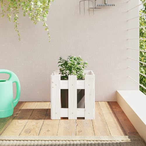 ShGaxin Blumenkasten mit Zaun-Design, weiß, 30 x 30 x 30 cm, Kiefer massiv, Blumenkasten auf Füßen, Pflanzkasten mit Gitter, Terrasse479 von ShGaxin