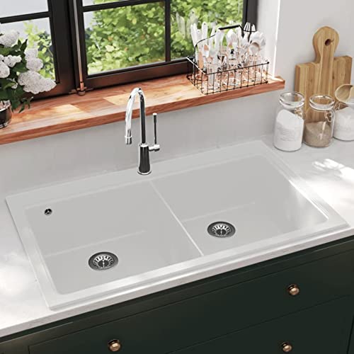 ShGaxin Granitspüle Doppelbecken Cremeweiß, Küchenspüle, 860 x 510 mm, Top-mount, Granit von ShGaxin