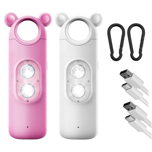 Shackcom 2 Stück Taschenalarm 130 dB Selbstverteidigungsalarm - wiederaufladbar - mit LED-Doppelblinklicht für Frauen, Kinder und ältere Menschen (Weiß-Rosa) von Shackcom