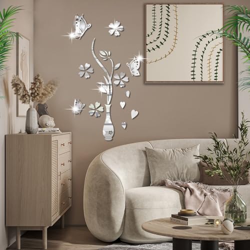 Shackcom 3D Wandtattoo Schmetterlingsvase Spiegel Wandaufkleber Selbstklebend Acrylspiegel Wandsticker DIY Wandtattoos Dekorative Wandspiegel Aufkleber für Wohnzimmer Schlafzimmer Dekor von Shackcom