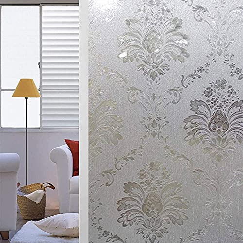 Shackcom Fensterfolie Sichtschutz Selbsthaftend 90x400cm Blickdicht Milchglasfolie Sichtschutzfolie Statisch Haftend Anti-UV Dekorfolie mit Damaskus Blumen Muster für Küche Wohnzimme Badezimmer-J023 von Shackcom