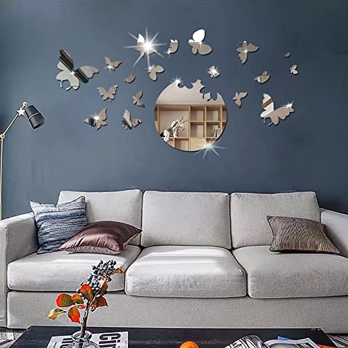 Shackcom Spiegel Wandaufkleber 18 Stück Schmetterlinge 3D Wandtattoo DIY Acryl Silber Wandsticker Spiegel Selbstklebend für Wohnzimmer Halle Schlafzimmer Badezimmer Wand von Shackcom