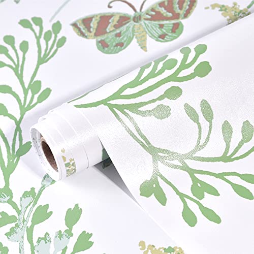 Shackcom Tapete Selbstklebend Grüner Schmetterling Tapeten 44.5x1000cm Wandpapier Selbstklebende Wasserdicht Wandaufkleber Dekorative Aufkleber für Möbel Wandtür Küche Schlafzimmer Wohnzimmer von Shackcom