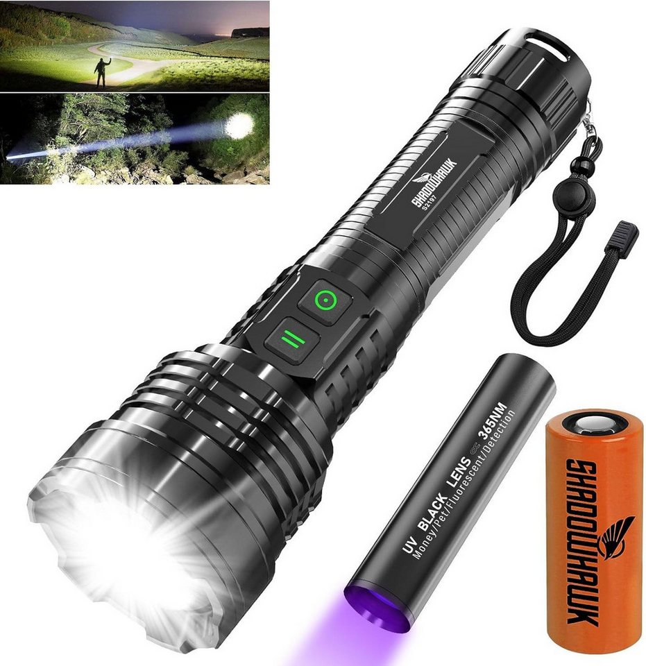 Shadowhawk LED Taschenlampe Taschenlampe Aufladbar Extrem Hell 500000 Lumen USB IP67 Outdoor Torch (Wiederaufladbares Taschenlampen-Set mit UV-Licht und 5 Lichtmodi., Enthält LED-Taschenlampe, USB-Ladekabel, Akku und Bedienungsanleitung), Energieeffizient, dimmbar, stufenlos einstellbar, warmweißes Licht von Shadowhawk