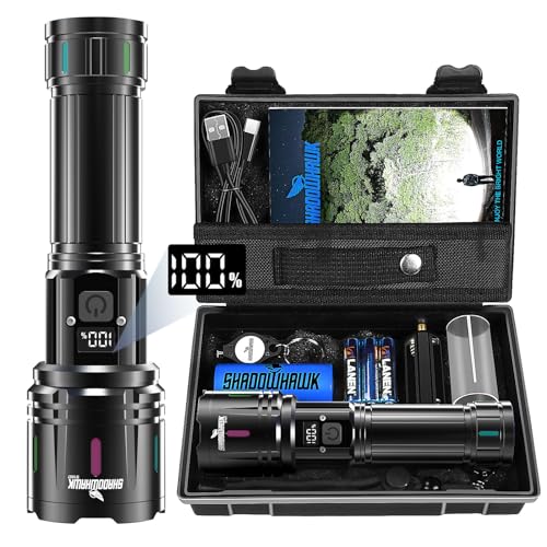 Shadowhawk Taschenlampe LED Aufladbar 500000 Lumen, LED Taschenlampe Extrem Hell XHM90.2 Taschenlampen USB, Starke Taktische Taschenlampe Batteriebetrieben, Wasserdicht Flashlight for Outdoor Notfälle von Shadowhawk