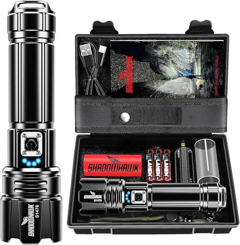 Shadowhawk Taschenlampe Led 500000 Lumen, Extrem Hell Taschenlampe USB Aufladbar Taktische Taschenlampen Mit holster XHP70.2, IP67 Wasserdicht 5 Lichtmodi für Camping Wandern Notfälle von Shadowhawk