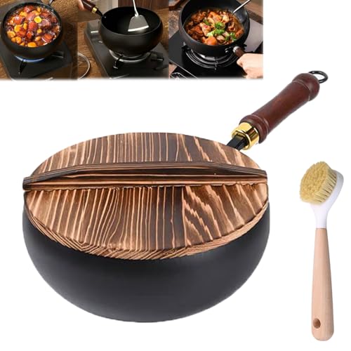 Shafaja Japanische Eisenpfanne, Japanische Eisenpfanne Mit Holzdeckel, Handgeschmiedete Antihaftbeschichtete Eisenpfanne Ohne Beschichtung (Pot brush set, 24cm Wooden lid) von Shafaja