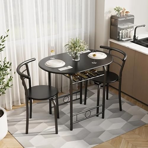 Shahoo 3-teiliges Esstisch-Set aus Holz, Küche Frühstücksecke Sets mit 2 Stühlen & runder Tischplatte, platzsparende Möbel, Metallgestell und eingebautem Weinregal, Schwarz von Shahoo