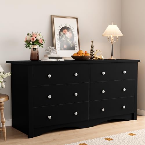Shahoo Holzkommode für Schlafzimmer, breite Kommode mit 6 Schubladen, Aufbewahrungsturm, moderner Schrank-Organizer für Wohnzimmer, Flur (schwarz) von Shahoo