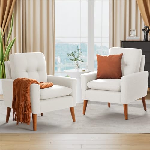 Shahoo Moderner Akzentstuhl, Mitte des Jahrhunderts gepolsterter Sessel mit Massivholzrahmen und weichem Kissen für Wohnzimmer, Schlafzimmer, Belcony, 2er-Set, Beige von Shahoo