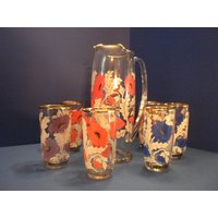 Schöner Gold Getrimmter Krug Und Eisteebecher Mit Mohnblumengemalten Grafiken - Acht | 8 -Teiliges Set Nahezu Neuwertiger Zustand Um 1950 von ShakenRarelyStirred