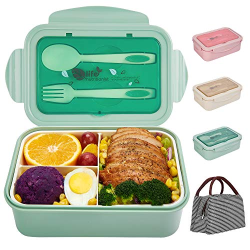 Shaknife Bento Box für Kinder Erwachsene, 1400ML Luftdichte Lunchbox mit Lunchtasche Löffel Gabel, BPA-Freie und Lebensmittelechte Brotdose mit 3 Fächern (Grün) von Shaknife
