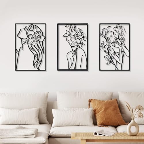 Shakub 3 Stück Metall-Wandkunst Deko,Minimalistische Linien,Moderne Frauen Kunst,Wasserfest Wandskulpturen für Wohnzimmer und Schlafzimmer Deko,Metall Wanddeko,33x28cm von Shakub