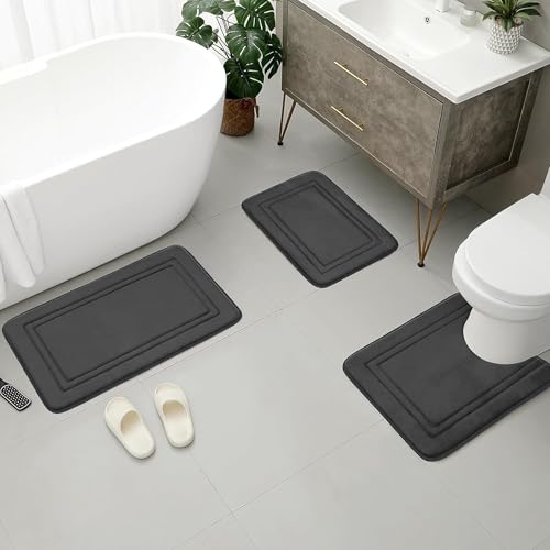 Shakub Badezimmerteppich Set 3 Teilig, U Förmige wc Vorleger, Teppich Bad-Vorleger waschbar, WC-Teppich Badezimmer, Badteppich rutschfest für Freistehende Toiletten (Dunkelgrau) von Shakub