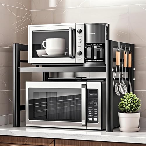 Shakub Mikrowellenregal, 2-stufiges Küchen Mikrowellenständer, 40-64 cm Erweiterbarer Ausziehbarer Küchenregal für Arbeitsplatte, Küchen-Aufbewahrung Organizer mit 6 Haken, Schwarz Shakub Mikrowellenregal, 2-stufiges Küchen Mikrowellenständer, 40-64 cm Erweiterbarer Ausziehbarer Küchenregal für Arbeitsplatte, Küchen-Aufbewahrung Organizer mit 6 Haken, Schwarz von Shakub
