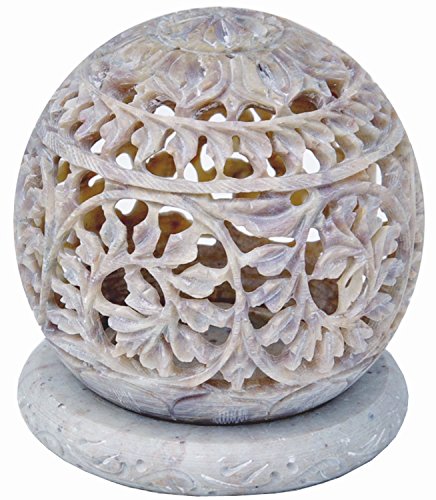 StarZebra Teelichthalter aus Speckstein, handgefertigt, kugelförmig, mit aufwendigem offenem Rankenmuster von Shalinindia