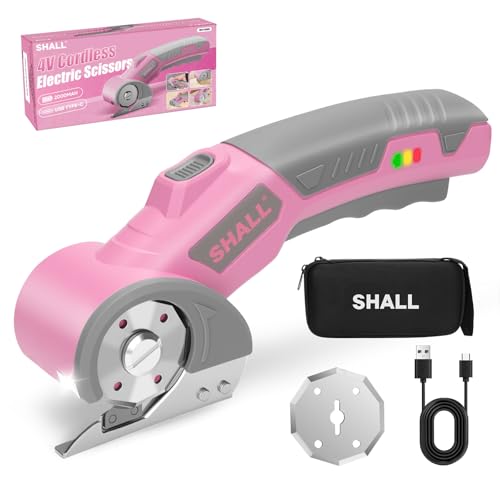 SHALL 4 V schnurlose Elektrische Schere,Rotary Cutter(Rosa),LED-Licht & Ersatzklinge,für Stoff, Leder, Teppich, Karton und Kunststoff von Shall
