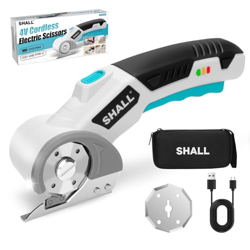 SHALL 4 V schnurlose Elektrische Schere,Rotary Cutter(White&Blue),LED-Licht & Ersatzklinge,für Stoff, Leder, Teppich, Karton und Kunststoff von Shall