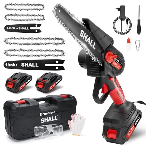SHALL Tragbare Mini-Kettensäge, Bürstenlosen Motor 21 Volt, 2 Schnelllade-Akkus, 4 Ketten, Äste schneiden, Gartenarbeit, beste Wahl für Ehemann, Vater, Holz-Heimwerker-Liebhaber von Shall