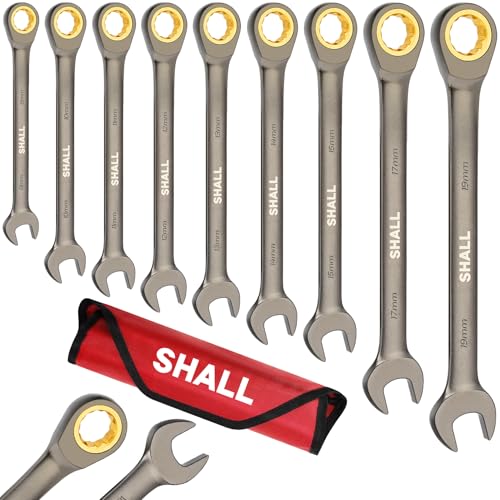 Shall 9-teiliger Ratschenschlüsselsatz, 8–19 mm, 72-Zahn-Ringmaulschlüssel, Chrom-Vanadium-Stahl mit Rostschutzbeschichtung und Tasche für Kfz- und Industriereparaturen Shall 9-teiliger Ratschenschlüsselsatz, 8–19 mm, 72-Zahn-Ringmaulschlüssel, Chrom-Vanadium-Stahl mit Rostschutzbeschichtung und Tasche für Kfz- und Industriereparaturen von Shall