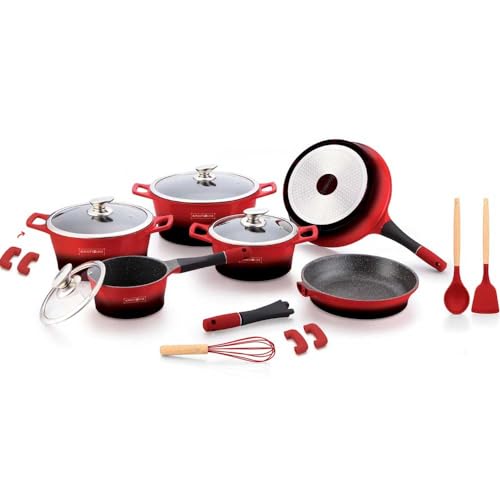 Royalty Professional Kochgeschirr-Set aus Aluminiumguss, Antihaftbeschichtung, Lavastein, Induktions- und Gasdeckel, Glasdeckel, inklusive Werkzeug RL-ES1014M (rot und schwarz) von Shally Dogan