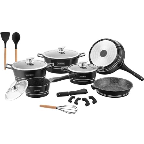 Royalty Professional Kochgeschirr-Set aus Aluminiumguss, Antihaftbeschichtung, Lavastein, Induktions- und Gasdeckel, Glasdeckel, inklusive Werkzeug RL-ES1014M (schwarz) von Shally Dogan