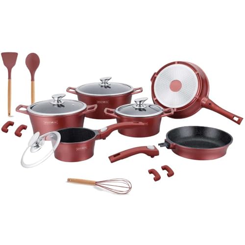 Royalty RL-ES2014M Akku-Set mit 17 Töpfen und Pfannen aus Aluminiumguss, Antihaftbeschichtung, ideal für Induktions- oder Gasherde, Glasdeckel und Werkzeug inklusive, Royalty RL-ES2014M (Bordeaux) von Shally Dogan