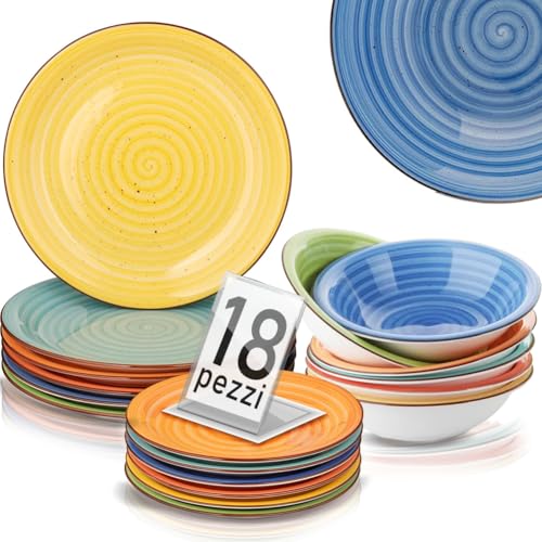 Shally Dogan 18-teiliges Tafelservice aus Porzellan für 6 Personen, Set bestehend aus 6 flachen Teller, 6 tiefen Tellern, 6 Desserts und Obst, modernes Design (mehrfarbig) von Shally Dogan