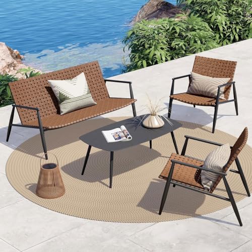 Shally Dogan 4-teiliges Garten-Set mit geflochtener Sitzfläche aus Polyrattan und Tisch mit Glasplatte, für den Außenbereich, Lounge für Bar, Restaurant, Patio, Bistro, Terrasse (4-Sitzer) von Shally Dogan