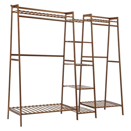 Kleiderständer Bambus Garderobenständer, Offener Kleiderständer, Schlafzimmer Garderobe, Bodenstehender Kleiderständer, 9 Ablagen, 2 Kleiderstangen, 160x40x140 cm (Teefarbe) von Shalmidor