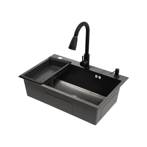 Küchenspüle 68x45x20cm, Waschbecken Küche Set, 1 Becken Küchenspüle, Großem Einbauspüle Edelstahl Spüle Küche mit Abtropfkorb, Seifenspender, Auszugshahn für Küche, Garage, Restaurant (Schwarz) Küchenspüle 68x45x20cm, Waschbecken Küche Set, 1 Becken Küchenspüle, Großem Einbauspüle Edelstahl Spüle Küche mit Abtropfkorb, Seifenspender, Auszugshahn für Küche, Garage, Restaurant (Schwarz) von Shalmidor