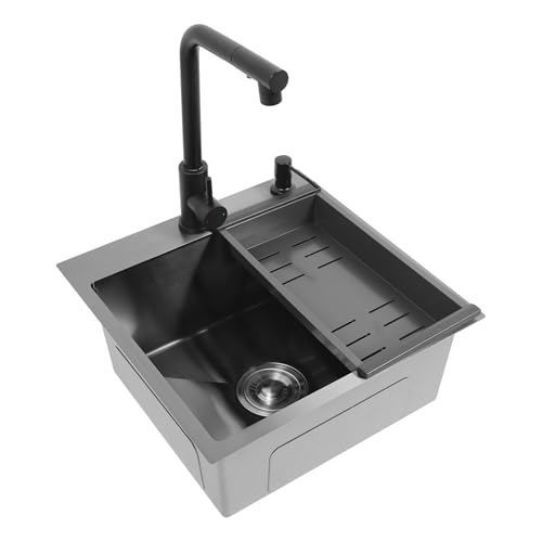 Spülbecken Schwarz 45x45cm, 1 Becken Moderne Einbauspüle, Spüle Küche Waschbecken, Edelstahl Küchenspüle Set mit herausziehbarem Wasserhahn, Abtropfkorb, Seifenspender Spülbecken Schwarz 45x45cm, 1 Becken Moderne Einbauspüle, Spüle Küche Waschbecken, Edelstahl Küchenspüle Set mit herausziehbarem Wasserhahn, Abtropfkorb, Seifenspender von Shalmidor