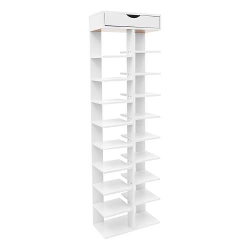 Vertikales Schuhregal 40x22x141cm, 10-Stöckige Schuhregale, Schuhturm Für Kleine Räume, Schuhlagerung mit 18 Schuhbanne, Freistehend Schuhlagerraum, Schuhschrank Schmal für Eingangsbereich (Weiß) Vertikales Schuhregal 40x22x141cm, 10-Stöckige Schuhregale, Schuhturm Für Kleine Räume, Schuhlagerung mit 18 Schuhbanne, Freistehend Schuhlagerraum, Schuhschrank Schmal für Eingangsbereich (Weiß) von Shalmidor