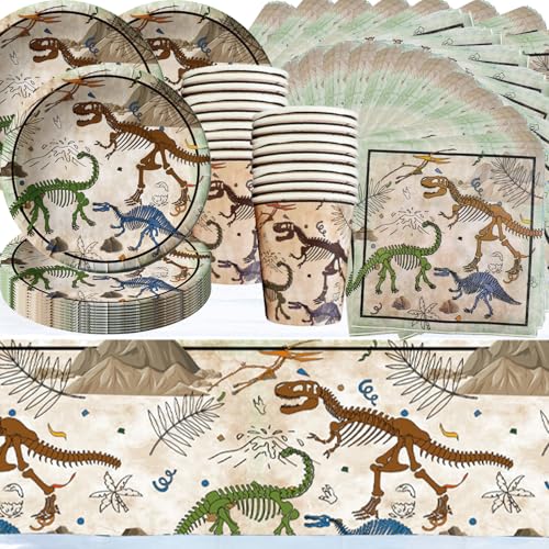 Dinosaurier Fossil Partygeschirr, Jungengeburtstag archäologisches Thema, einschließlich Pappteller, Papierservietten, Pappbecher und Tischtücher, geeignet für eine Geburtstagsparty von 20 Personen von Shamoparty