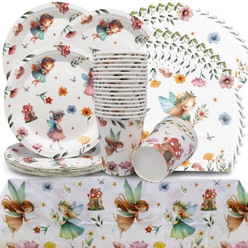 Elf Party, Flower Fairy Party Tableware,Party Geschirrset Pappteller Tischdecke mit Blumen Pappbecher Servietten Blumen für Geburtstag Babyparty Partygeschirr 20 Gäste von Shamoparty