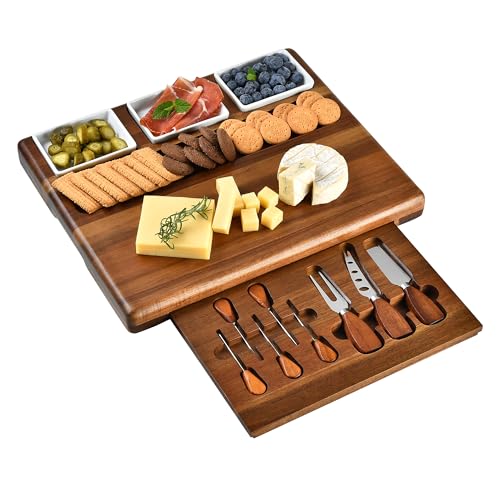 Shanik Käsebrett mit schwarzer Schieferklinge und 3 Edelstahl-Besteck-Set, Akazienholz Charcuterie Brett und Käse-Servierplatte, einzigartiges, handgefertigtes Design mit 3 Keramikschalen Shanik Käsebrett mit schwarzer Schieferklinge und 3 Edelstahl-Besteck-Set, Akazienholz Charcuterie Brett und Käse-Servierplatte, einzigartiges, handgefertigtes Design mit 3 Keramikschalen von Shanik
