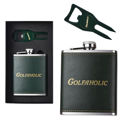 Shanker Golf - Flachmann & Pitchgabel Golf Geschenkset - Golfaholic Flachmann & 4-in-1 Pitchgabel Set - Lustige Golfgeschenke für Männer - Ballmarker, Rillenreiniger & Flaschenöffner Shanker Golf - Flachmann & Pitchgabel Golf Geschenkset - Golfaholic Flachmann & 4-in-1 Pitchgabel Set - Lustige Golfgeschenke für Männer - Ballmarker, Rillenreiniger & Flaschenöffner von Shanker Golf