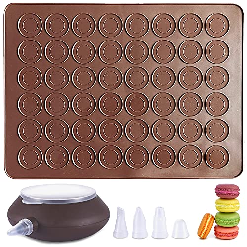 Macaron Silikon Backmatte Form Set,48 Löcher Macarons Silikonmatte, Dekorationsstift und 4 Düsen für Macaron, Non-Stick Macarons Backset, Antihaftbeschichtet Mold, Für Macarons Cupcake Dessert(Braun) von Shao hua