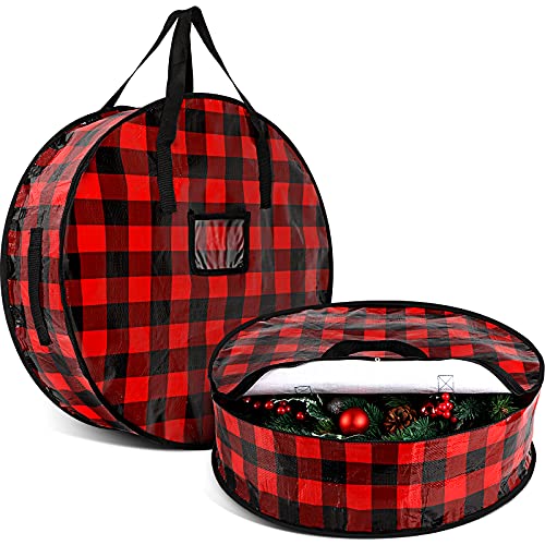 2 Stücke Weihnachten Kranz Aufbewahrung Tasche 24 Zoll, Girlande Feiertag Behälter mit Schwarzem und Rotem Buffalo Plaid, Kranz Aufbewahrung Box mit Schwerlast Griff und Klarem Fenster von Shappy