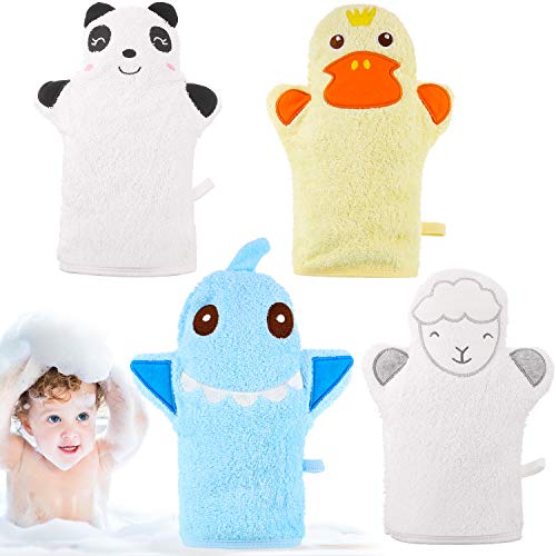 4 Stücke Baby Bade Handschuhe im Schönen Tierstil Gelber Enten Hai Panda Schaf Baumwolle Handtuch Sanftes Peeling für Baby Bade und Dusche von Shappy