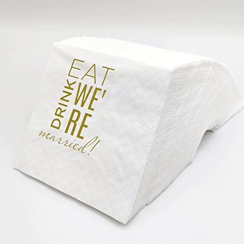 SharkBliss Eat Drink We're Married Servietten, 100 Stück Gold Eat Drink We're Married Papierservietten für Hochzeit, Probe, Abendessen, Brautparty, Verlobung, 2lagig, 12,7 x 12,7 cm (Eat Drink We're von SharkBliss