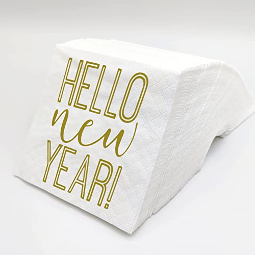 SharkBliss Hello NeujahrsServietten, 100 Stück, goldfarben, Hello Neujahr, EinwegPapierservietten, Getränke, CocktailServietten für Silvesterparty 2022, Silvester, NYE Tischdekoration, 2lagig, von SharkBliss