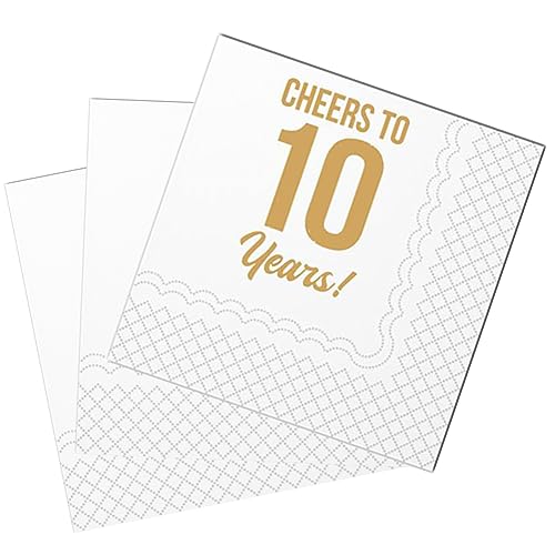 SharkBliss Lustige Cocktail-Servietten 10. Geburtstag, 50 Stück Papierservietten, 2-lagig, 12x12 cm (Gold, Cheers To 10 Years) von SharkBliss