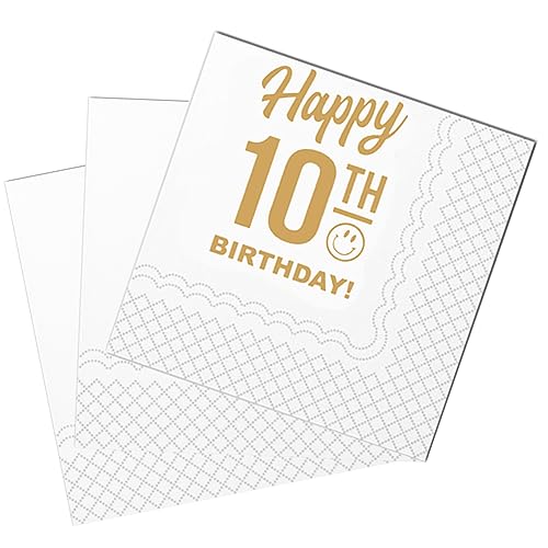 SharkBliss Lustige Cocktail-Servietten 10. Geburtstag, 50 Stück Papierservietten, 2-lagig, 12x12 cm (Gold, Happy 10th Birthday) von SharkBliss